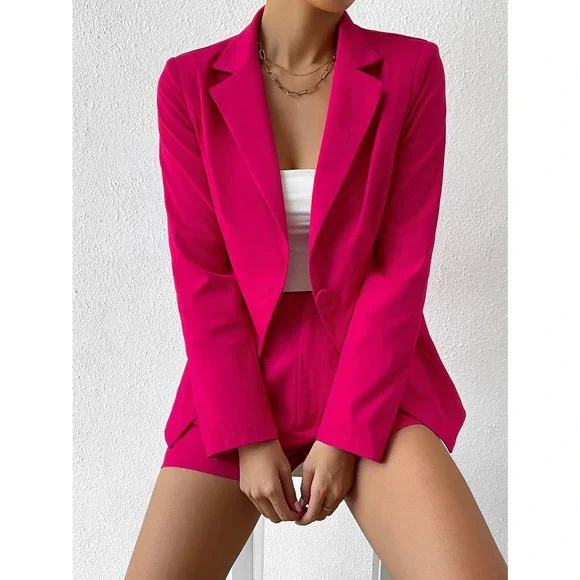 2 piece set Lapel collar Single Button Blazer & tailored Shorts hot pink - Picture 5 of 9